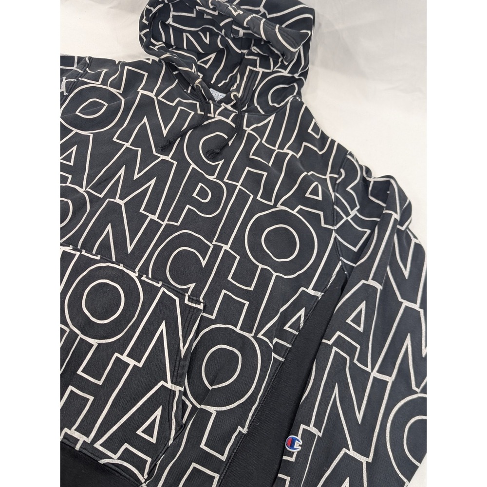 Champion Reverse Weave Black Hoodie Sweatshirt C Logo All Over Print Mens XL